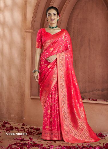 Crimson Red Woven Festive-Wear Banarasi Silk Saree