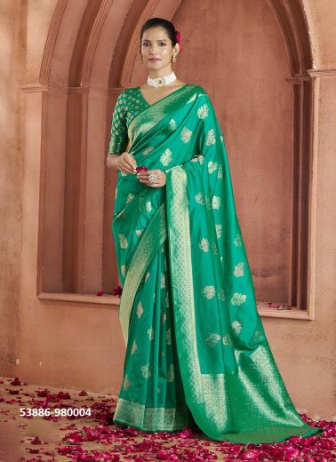 Aqua Green Woven Festive-Wear Banarasi Silk Saree