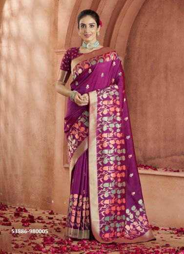 Purple Woven Festive-Wear Banarasi Silk Saree