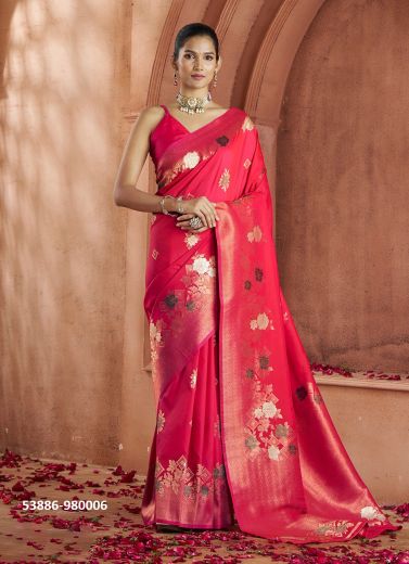 Dark Pink Woven Festive-Wear Banarasi Silk Saree