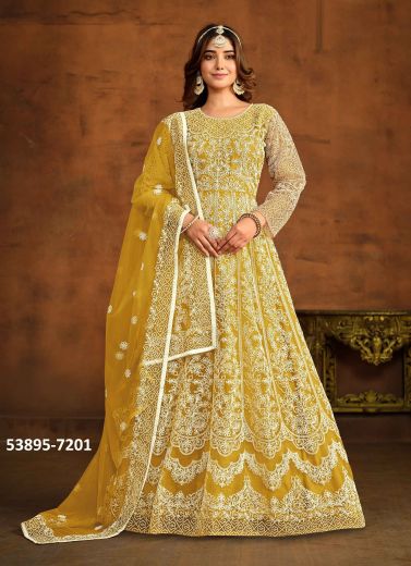 Mustard Yellow Net Thread-Work Party-Wear Floor-Length Readymade Salwar Kameez