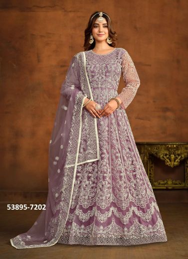 Lilac Net Thread-Work Party-Wear Floor-Length Readymade Salwar Kameez