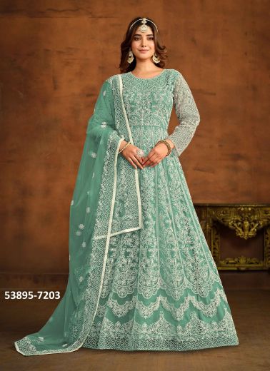 Aqua Net Thread-Work Party-Wear Floor-Length Readymade Salwar Kameez