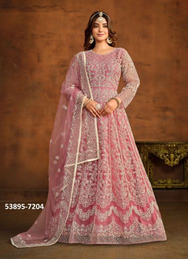 Pink Net Thread-Work Party-Wear Floor-Length Readymade Salwar Kameez