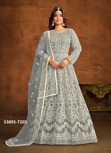 Gray Net Thread-Work Party-Wear Floor-Length Readymade Salwar Kameez