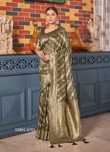 Sage Green Woven Soft Silk Saree For Traditional / Religious Occasions