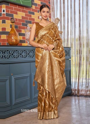 Copper Woven Soft Silk Saree For Traditional / Religious Occasions