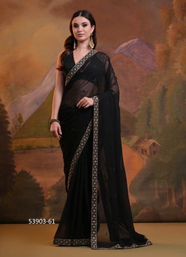 Black Georgette Embroidered Festive-Wear Boutique-Style Saree