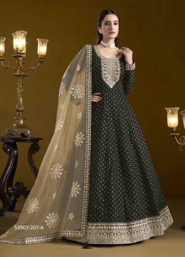 Dark Gray Chanderi Embroidered Floor-Length Readymade Salwar Kameez For Traditional / Religious Occasions