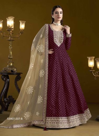 Wine Chanderi Embroidered Floor-Length Readymade Salwar Kameez For Traditional / Religious Occasions