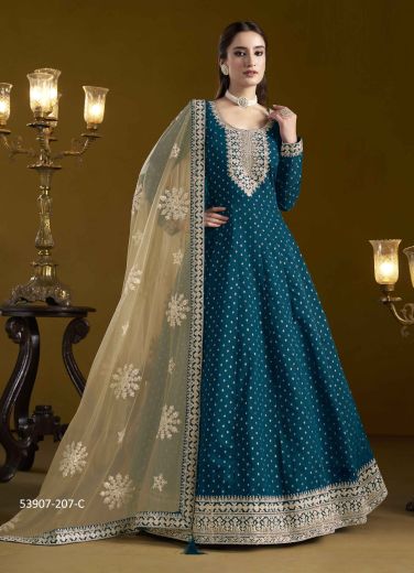 Teal Blue Chanderi Embroidered Floor-Length Readymade Salwar Kameez For Traditional / Religious Occasions