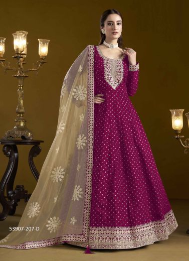 Magenta Chanderi Embroidered Floor-Length Readymade Salwar Kameez For Traditional / Religious Occasions