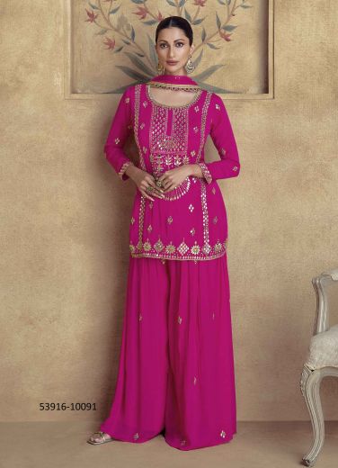 Magenta Chinon Silk Embroidered Party-Wear Palazzo-Bottom Readymade Salwar Kameez