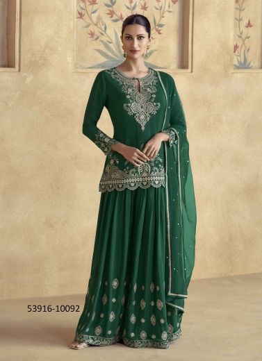 Green Chinon Silk Embroidered Party-Wear Palazzo-Bottom Readymade Salwar Kameez