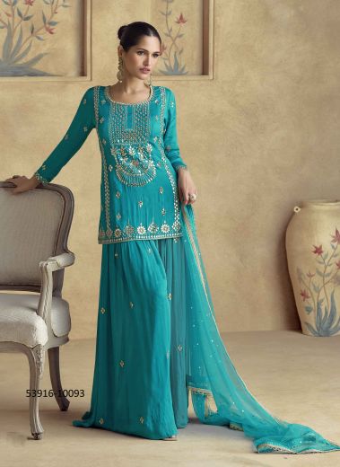 Aqua Chinon Silk Embroidered Party-Wear Palazzo-Bottom Readymade Salwar Kameez