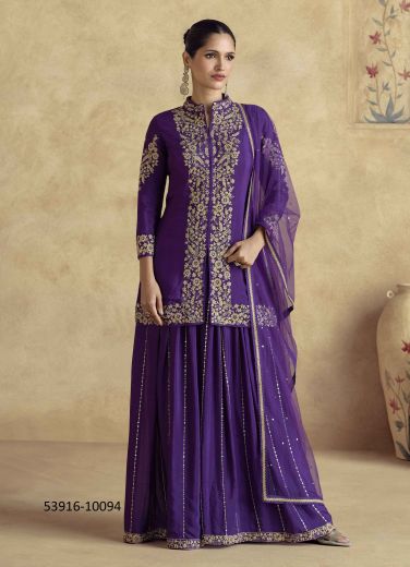 Violet Chinon Silk Embroidered Party-Wear Palazzo-Bottom Readymade Salwar Kameez