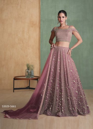 Pink & Wine Real Georgette Handworked Wedding-Wear Readymade Gliterring Lehenga Choli [With Can-Can]