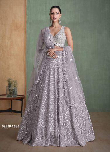 Light Lilac Real Georgette Handworked Wedding-Wear Readymade Gliterring Lehenga Choli [With Can-Can]