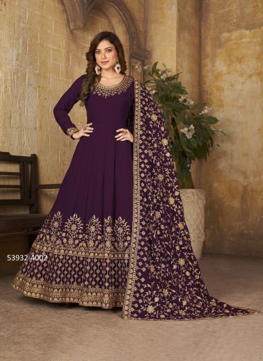 Dark Purple Faux Georgette Embroidered Party-Wear Floor-Length Readymade Salwar Kameez