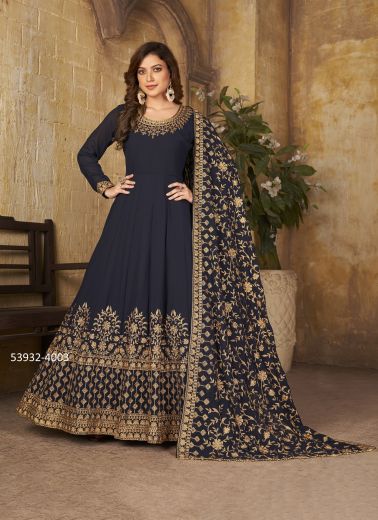 Navy Blue Faux Georgette Embroidered Party-Wear Floor-Length Readymade Salwar Kameez