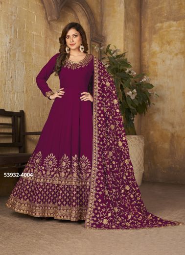 Magenta Faux Georgette Embroidered Party-Wear Floor-Length Readymade Salwar Kameez