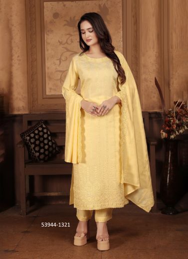 Creamy Yellow Chanderi Thread-Work Office-Wear Pant-Bottom Readymade Salwar Kameez