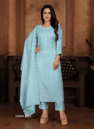 Light Blue Chanderi Thread-Work Office-Wear Pant-Bottom Readymade Salwar Kameez