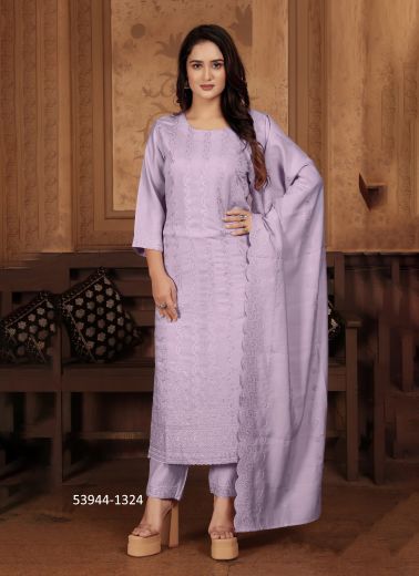 Lilac Chanderi Thread-Work Office-Wear Pant-Bottom Readymade Salwar Kameez