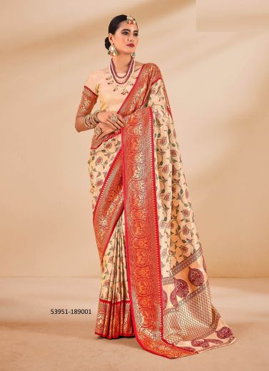 Burlywood & Red Woven Tissue Silk Saree For Traditional / Religious Occasions