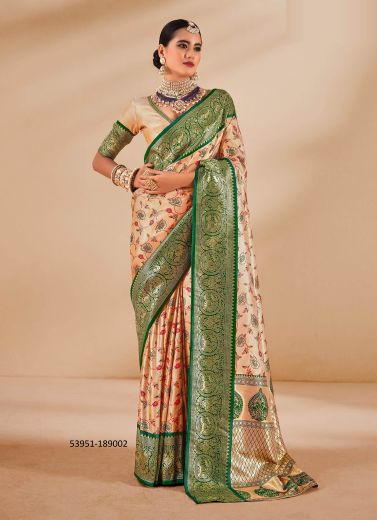 Burlywood & Green Woven Tissue Silk Saree For Traditional / Religious Occasions