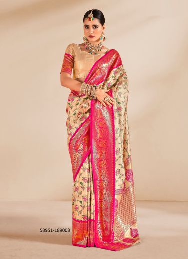 Burlywood & Magenta Woven Tissue Silk Saree For Traditional / Religious Occasions