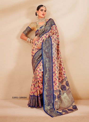 Burlywood & Blue Woven Tissue Silk Saree For Traditional / Religious Occasions