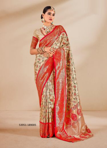 Burlywood & Red Woven Tissue Silk Saree For Traditional / Religious Occasions