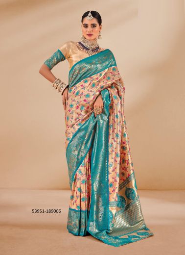 Burlywood & Aqua Woven Tissue Silk Saree For Traditional / Religious Occasions