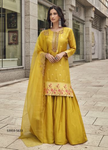 Mustard Yellow Viscose Jacquard Silk Embroidered Party-Wear Palazzo-Bottom Readymade Salwar Kameez