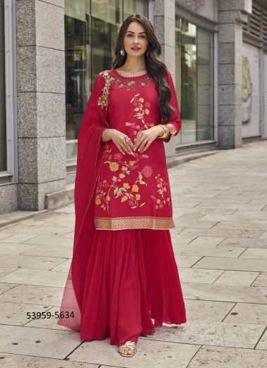 Wine Red Viscose Jacquard Silk Embroidered Party-Wear Palazzo-Bottom Readymade Salwar Kameez