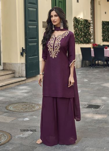 Purple Viscose Jacquard Silk Embroidered Party-Wear Palazzo-Bottom Readymade Salwar Kameez