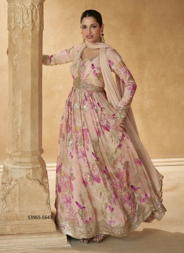 Light Pink & Magenta Chinon Silk Digitally Floral Printed Party-Wear Readymade Gown With Dupatta