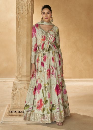 Light Celadon & Wine Red Chinon Silk Digitally Floral Printed Party-Wear Readymade Gown With Dupatta