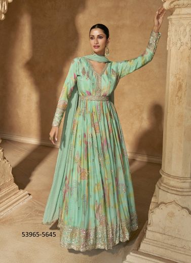 Mint Green & Pink Chinon Silk Digitally Floral Printed Party-Wear Readymade Gown With Dupatta