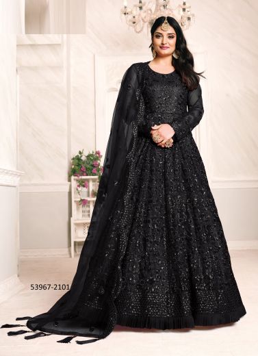 Black Net Embroidered Party-Wear Floor-Length Readymade Salwar Kameez