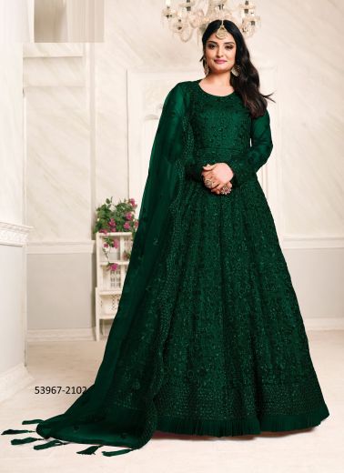 Green Net Embroidered Party-Wear Floor-Length Readymade Salwar Kameez