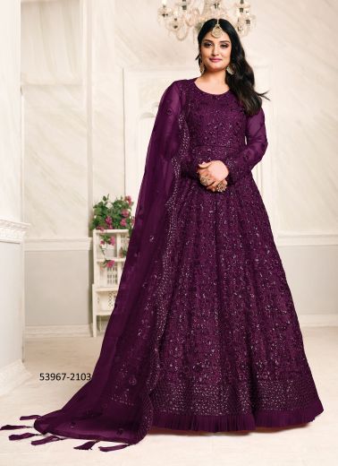 Purple Net Embroidered Party-Wear Floor-Length Readymade Salwar Kameez