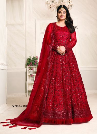 Red Net Embroidered Party-Wear Floor-Length Readymade Salwar Kameez