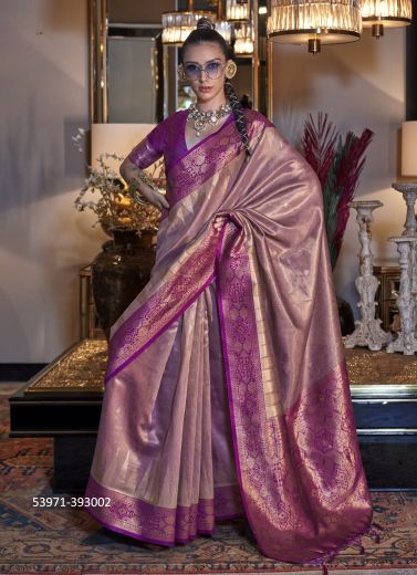 Lilac & Purple Woven Tissue Jari Silk Saree For Traditional / Religious Occasions