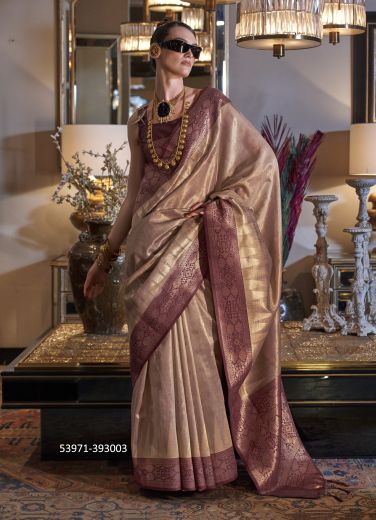 Peach & Wine Woven Tissue Jari Silk Saree For Traditional / Religious Occasions