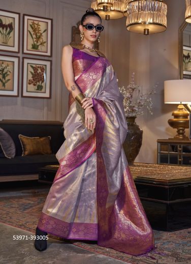 Light Lavender & Purple Woven Tissue Jari Silk Saree For Traditional / Religious Occasions