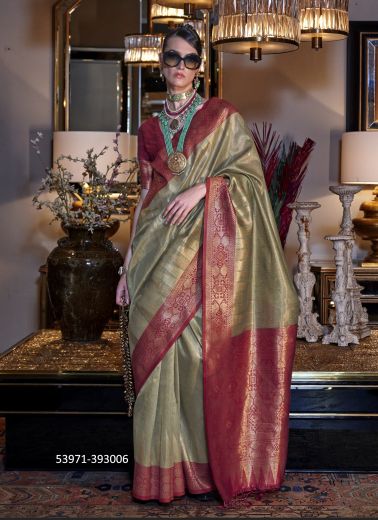 Olive Green & Wine Red Woven Tissue Jari Silk Saree For Traditional / Religious Occasions