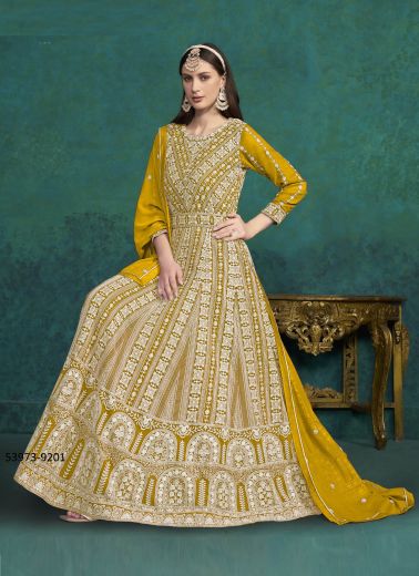 Mustard Yellow Georgette Thread-Work Festive-Wear Floor-Length Readymade Salwar Kameez