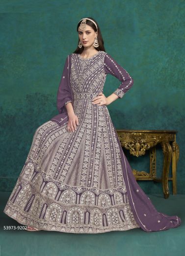 Lilac Georgette Thread-Work Festive-Wear Floor-Length Readymade Salwar Kameez